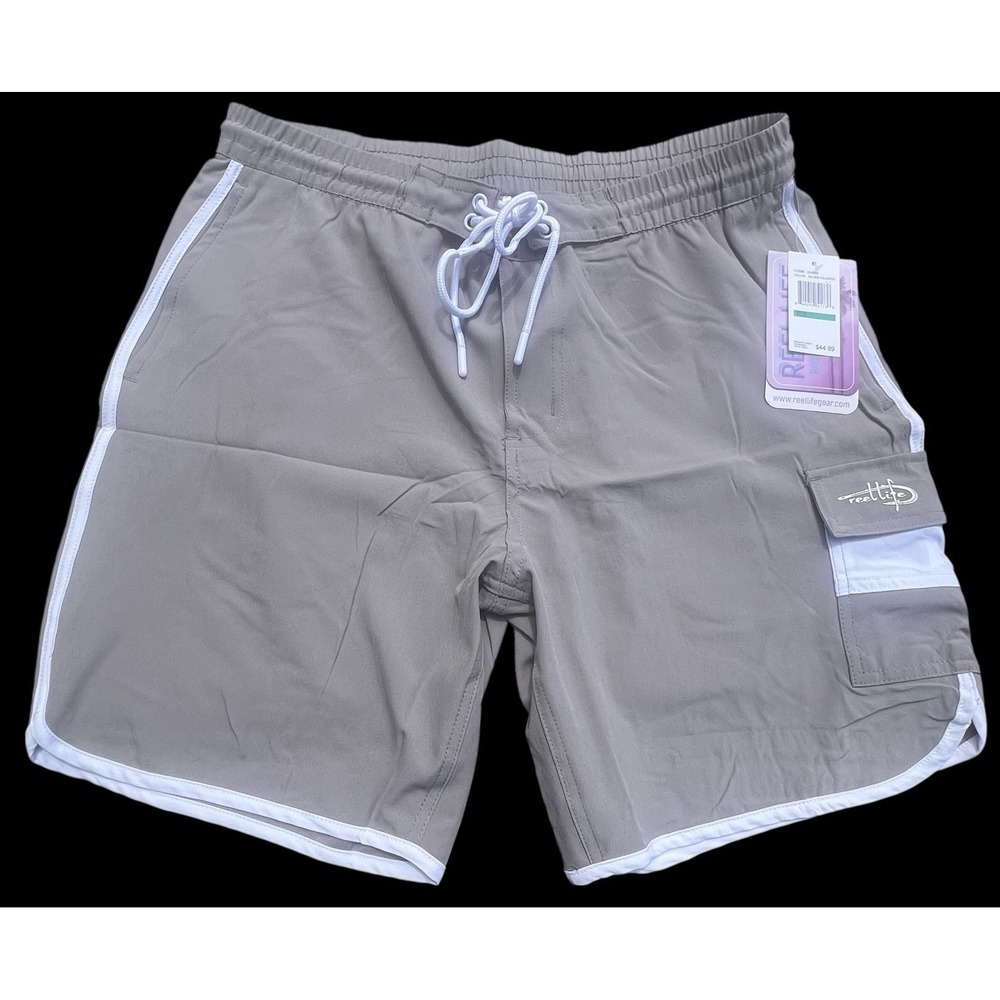 Reel Life Mens Gray Swim Trunks Shorts Lightweight pockets drawstring Large